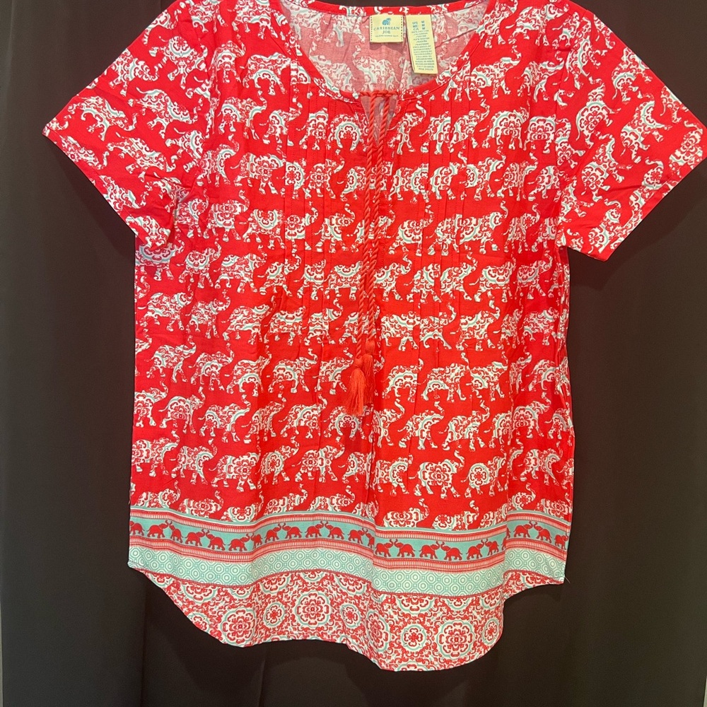 Caribbean Joe Red Boxy Short Sleeve Blouse Sz M wildlife cottage core flowing
